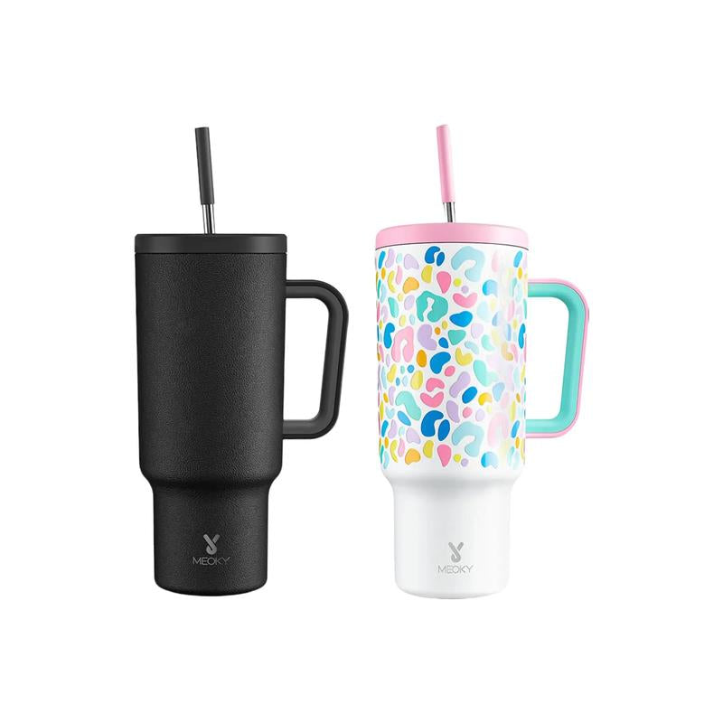 【Meoky】40Oz Classic Straw Handle Cup, Multi-Grid Ice Cube Mold, Leak-Proof Cup Lid, Silicone Handle, Non-Slip Noise Reduction Pad at the Bottom, Stainless Steel Thermos Cup, Wide Mouth and Narrow Bottom, Valentine'S Day Gift, Tumbler Cups