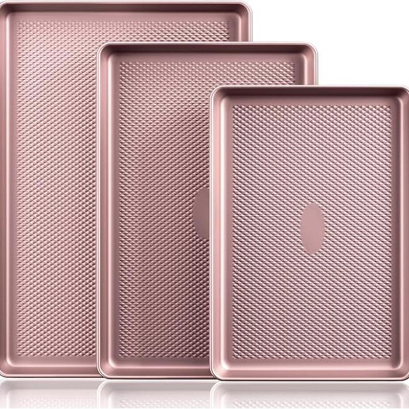 [Dealsforyou]Hongbake Diamond-Texture Baking Sheet Pan Set, Non-Stick Cookie Sheets, Teflon-Free Heavy Duty Bakeware - 3 Sizes, Baker, Pink Kitchenware Cooking