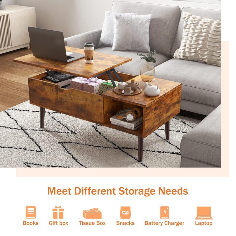 【Back to School】Sweetfurniture Fully Assembled Wooden Center Table, Fluted Lift Top Coffee Table with Hidden Compartment, Modern Lift Tabletop for Home Living Room Office
