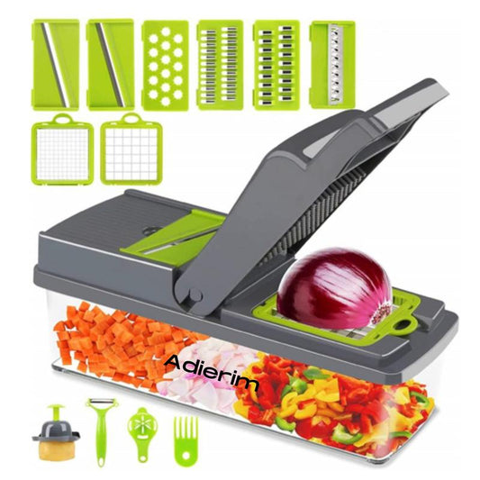 Adierim 14 in 1 Vegetable Slicer Dicer Multifunctional Onion Carrot Garlic Chopper with Container Gray Plastic Kitchen Steel Utensils Chopping Handy Lid Stainless Transparent Basket