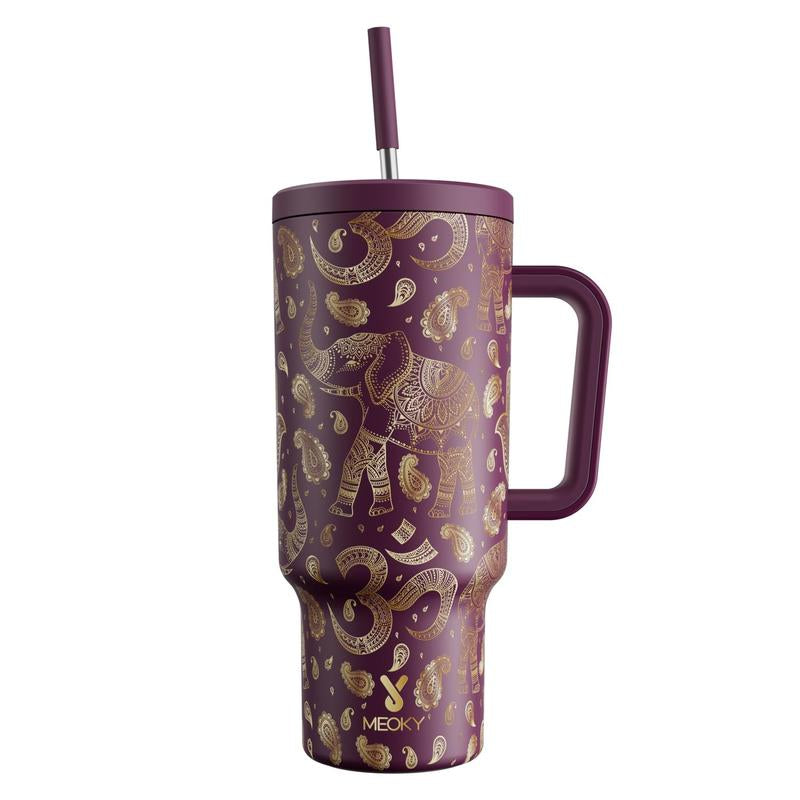40Oz Patterned Straw Handle Cup, 1 Count Multi-Grid Ice Cube & Leak-Proof Cup Lid with Silicone Handle, Insulated Wide Mouth and Narrow Bottom for Easy Cleaning and Car Loading