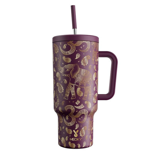 40Oz Patterned Straw Handle Cup, 1 Count Multi-Grid Ice Cube & Leak-Proof Cup Lid with Silicone Handle, Insulated Wide Mouth and Narrow Bottom for Easy Cleaning and Car Loading